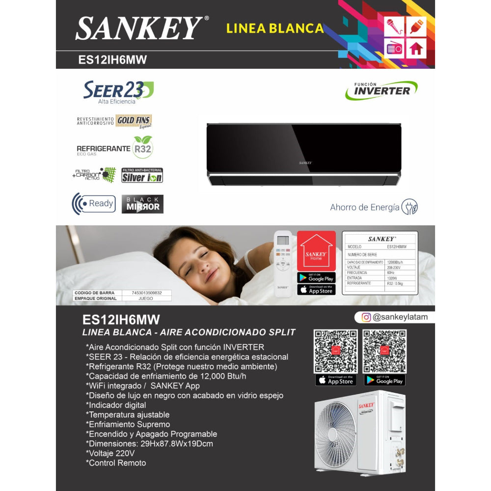 A/AC INVERTER 12BTU WIFI ESPEJO NEGRO SEER 23 GAS R32(WIFI)