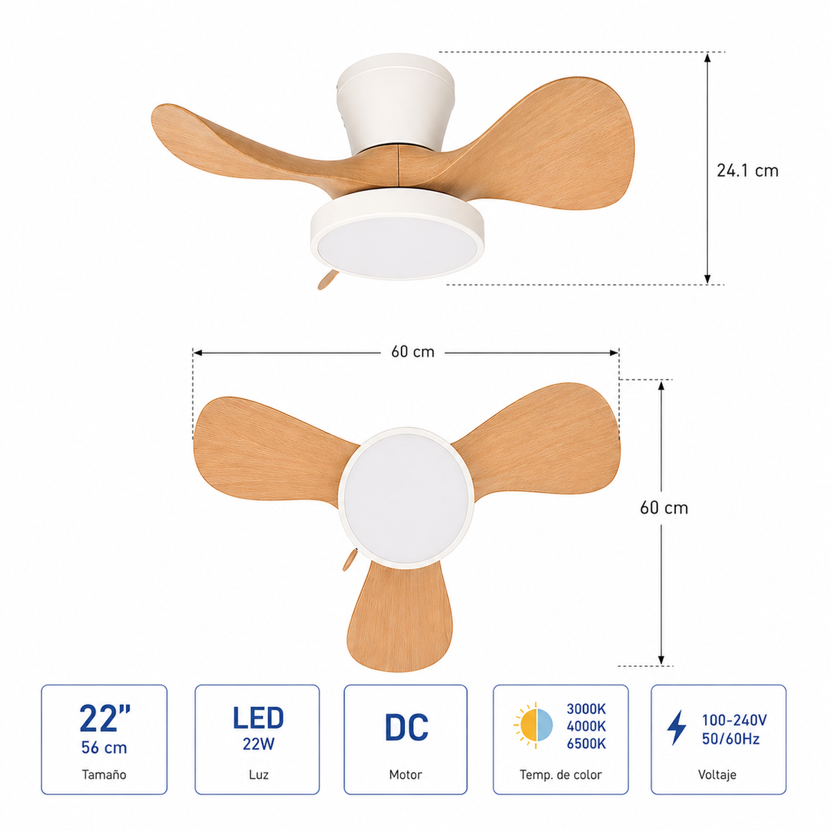 VENTILADOR LED DE TECHO BLANCO 22" DC 22W 100-240V 3000K/4000/6500K C/R