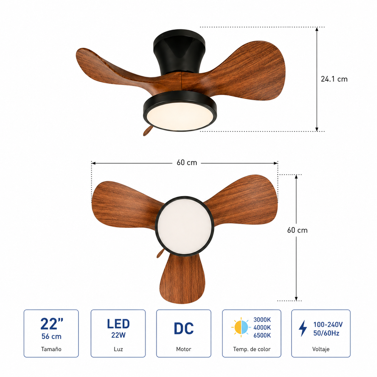 VENTILADOR LED DE TECHO NEGRO 22" DC 22W 100-240V 3000K/4000/6500K C/R
