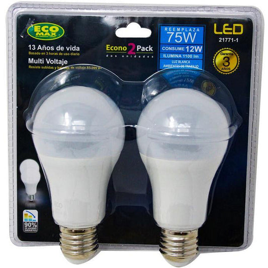 BOMBILLO LED A60 E27 12W 100-240V 6500K 2 PIEZA