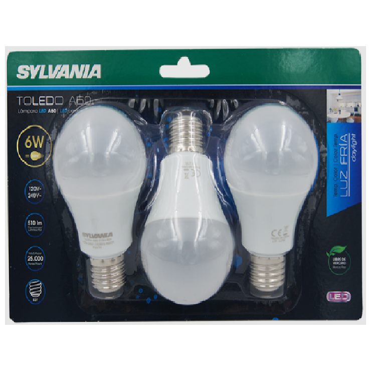 BOMBILLO LED A60 E27 6W 120-240V 6500K PAQUETE DE 3