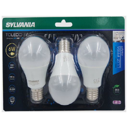 BOMBILLO LED A60 E27 6W 120-240V 6500K PAQUETE DE 3