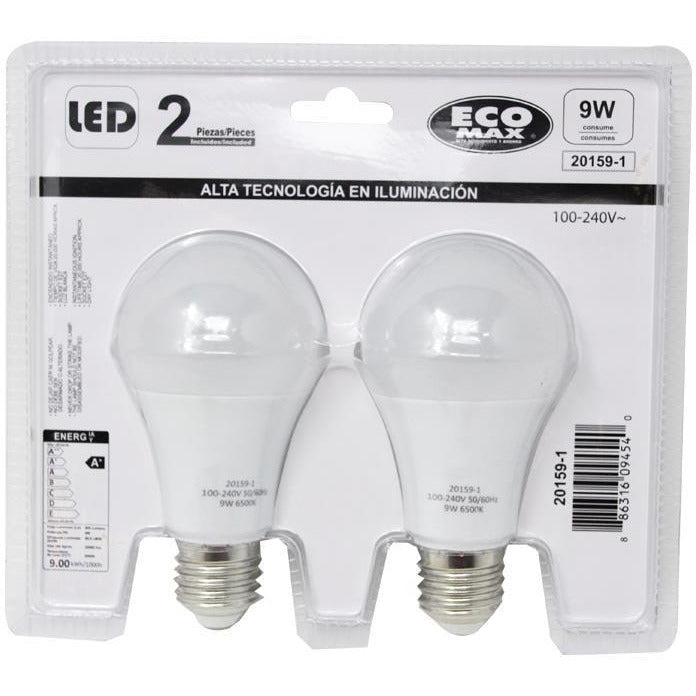 BOMBILLO LED A60 E27 9W 100-240V 6500K 2 PIEZAS
