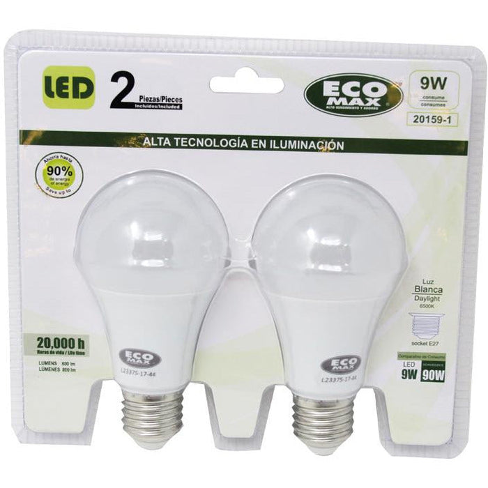 BOMBILLO LED A60 E27 9W 100-240V 6500K 2 PIEZAS