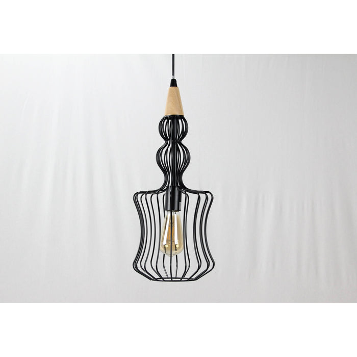 LAMP. COLGANTE NEGRO+MADERA 1L E27 60W