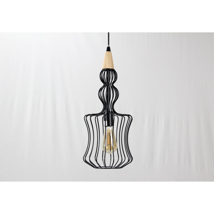 LAMP. COLGANTE NEGRO+MADERA 1L E27 60W