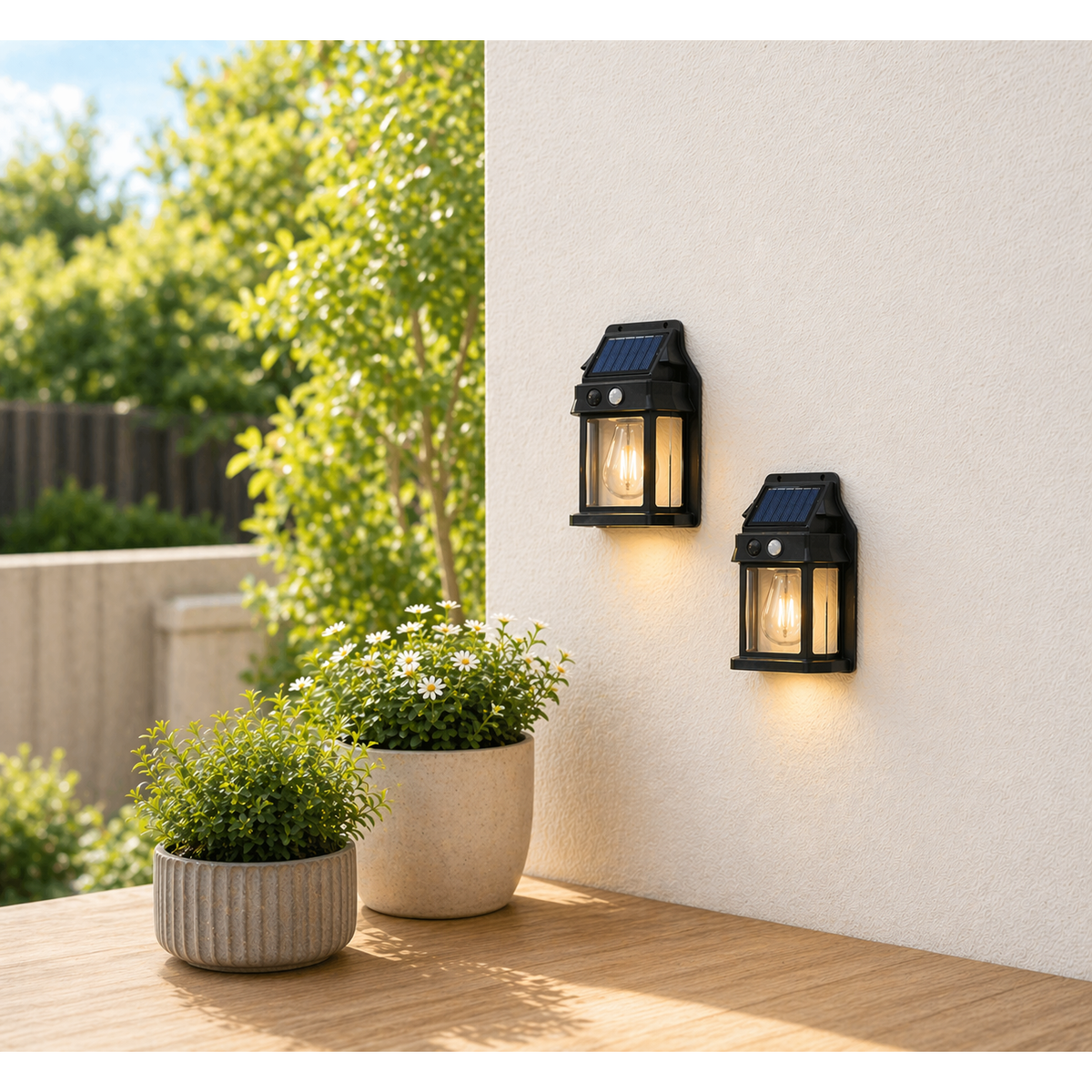 LAMP. LED EXT. DE PARED SOLAR NEGRO 3W 3.7V 3000K TWIN PACK CON SENSOR