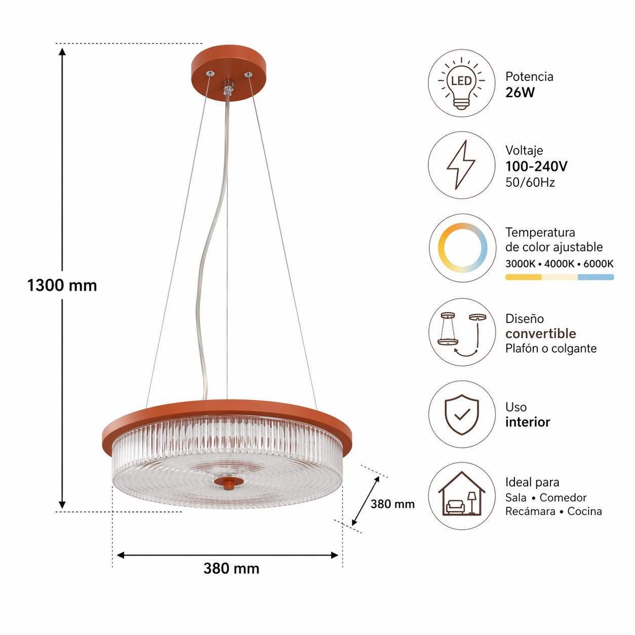 Lámpara LED de Techo Chocolate 26W | Luz Ajustable 3000K–6000K | 100-240V