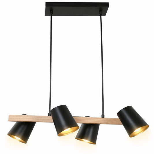 Lámpara Colgante 4 Luces E27 40W Negro Mate y Madera, Focos Ajustables