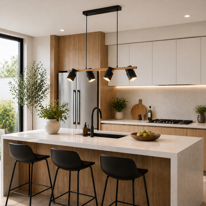 Lámpara Colgante 4 Luces E27 40W Negro Mate y Madera, Focos Ajustables