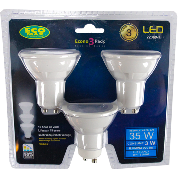 BOMBILLO LED GU10 3W 100-240V 6000K 3 PIEZAS