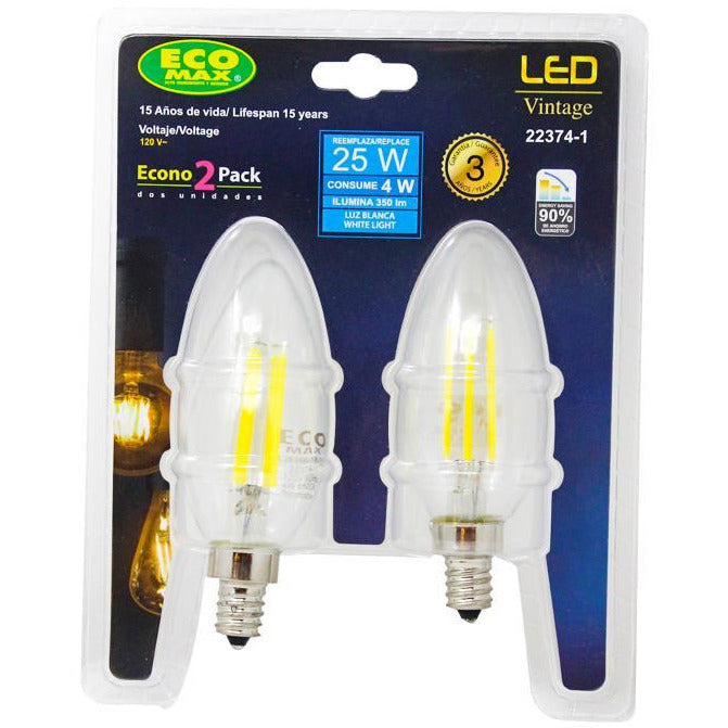 BOMBILLO LED FILAMENTO TORPEDO E12 4W 120V 6500K ATENUABLE 2 PIEZAS