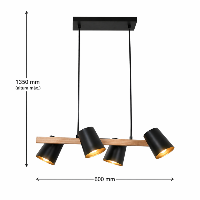 Lámpara Colgante 4 Luces E27 40W Negro Mate y Madera, Focos Ajustables