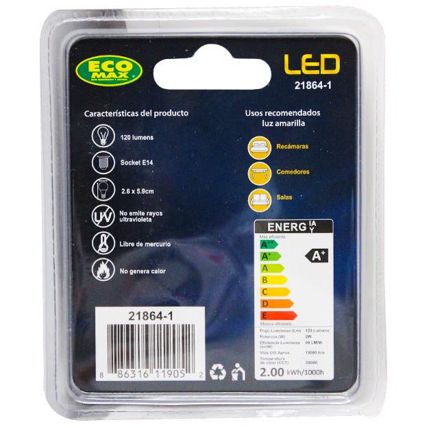 BOMBILLO LED T26 E14 2W 120V 3000K 2 PIEZAS