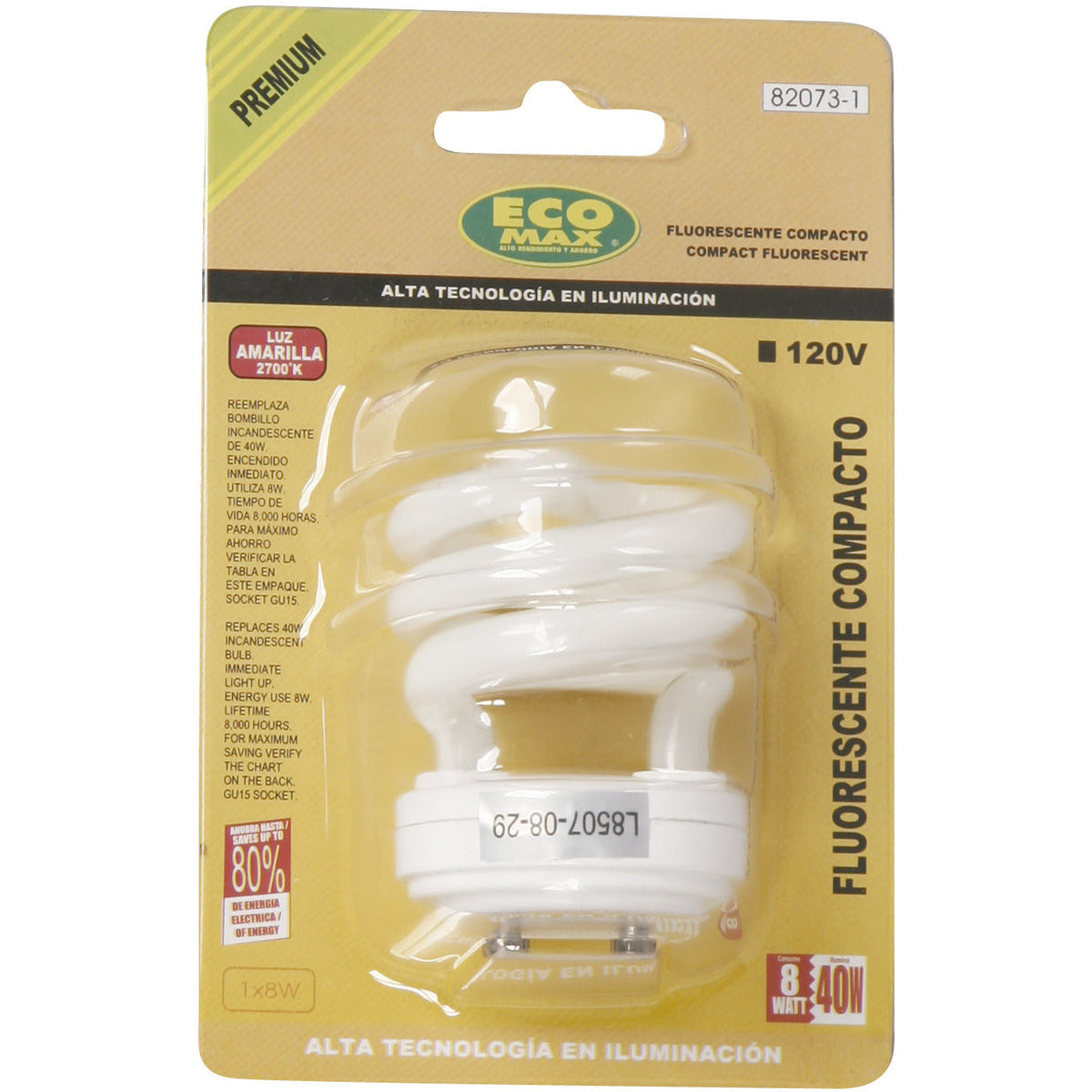 BOMBILLO CFL SEMI-ESPIRAL GU15 8W 2700K