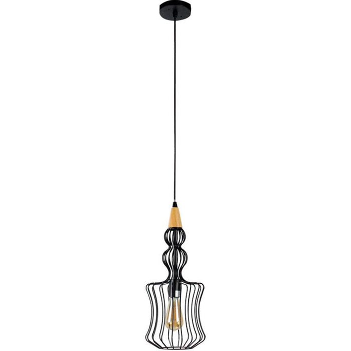 LAMP. COLGANTE NEGRO+MADERA 1L E27 60W