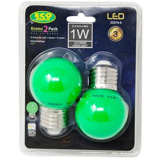 BOMBILLO LED G45 E27 1W 120V VERDE 2 PIEZAS
