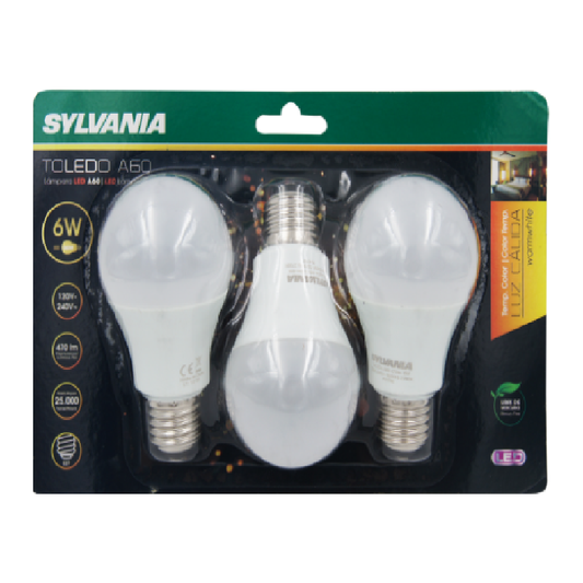 BOMBILLO LED A60 E27 6W 120-240V 3000K PAQUETE DE 3