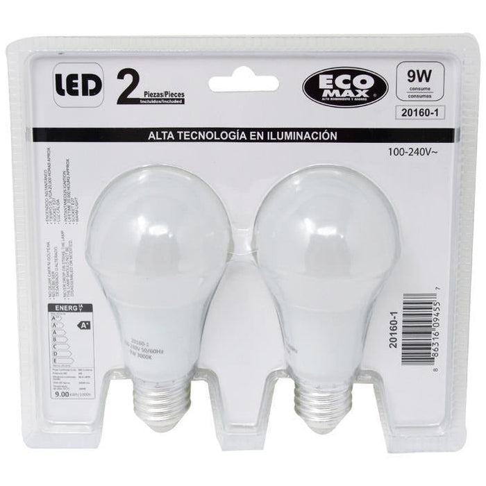BOMBILLO LED A60 E27 9W 100-240V 3000K 2 PIEZAS