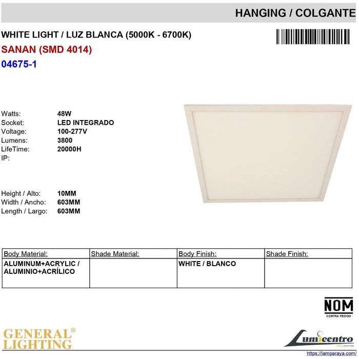 LAMP. LED TECHO BLANCO 1L 48W 100-277V 6000K (CONVERTIBLE)