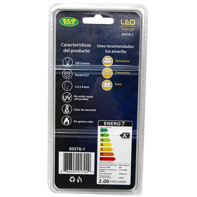 BOMBILLO LED FILAMENTO TORPEDO E27 2W 120V 2700K