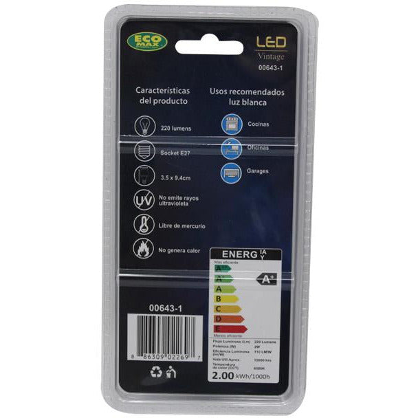 BOMBILLO LED FILAMENTO TORPEDO E27 2W 120V 6500K