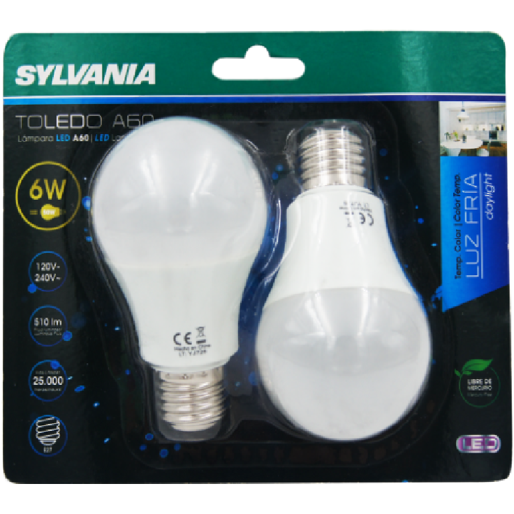BOMBILLO LED TOLEDO A60 E27 6W 120-240V 6500K PAQUETE DE 2