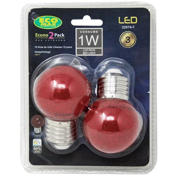 BOMBILLO LED G45 E27 1W 120V ROJO 2 PIEZAS