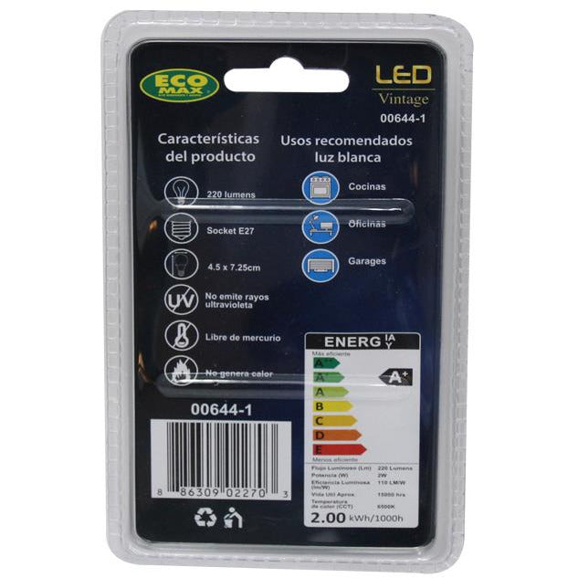 BOMBILLO LED FILAMENTO G45 E27 2W 120V 6500K
