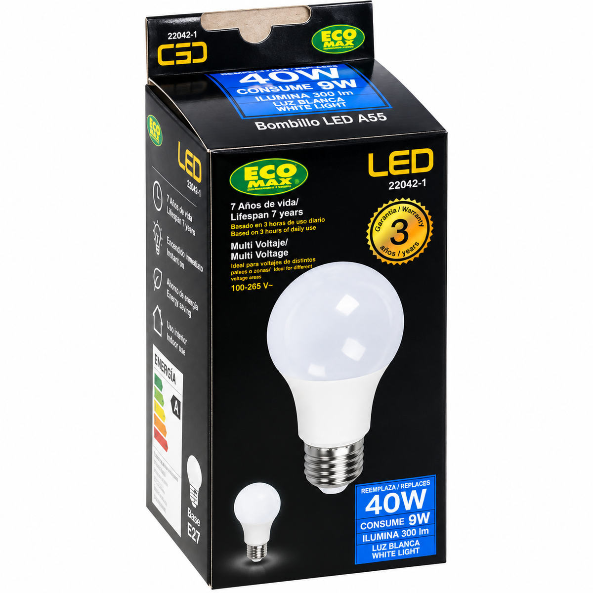Bombillo LED A55 9W E27 6000K Luz Blanca