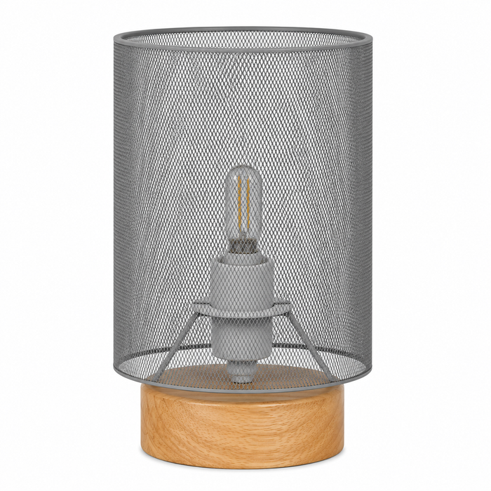 Lámpara de Mesa Gris 1 Luz E14 40W con Base de Madera