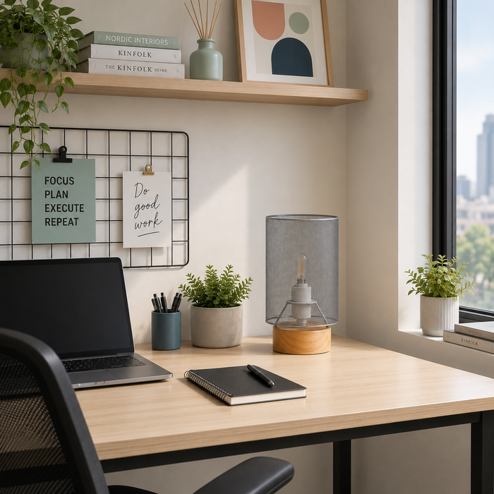 Lámpara de Mesa Gris 1 Luz E14 40W con Base de Madera