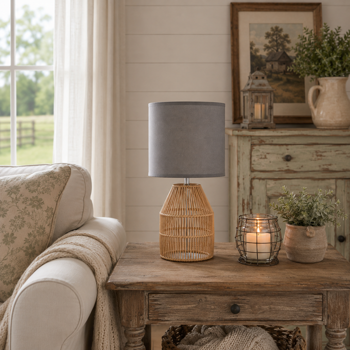 Lámpara de mesa gris 1 Luz E27 40W con base de ratán natural