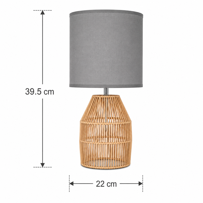 Lámpara de mesa gris 1 Luz E27 40W con base de ratán natural