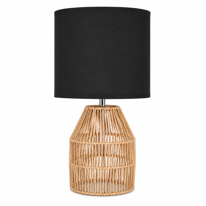 Lámpara de mesa negra 1 Luz E27 40W con base de ratán natural