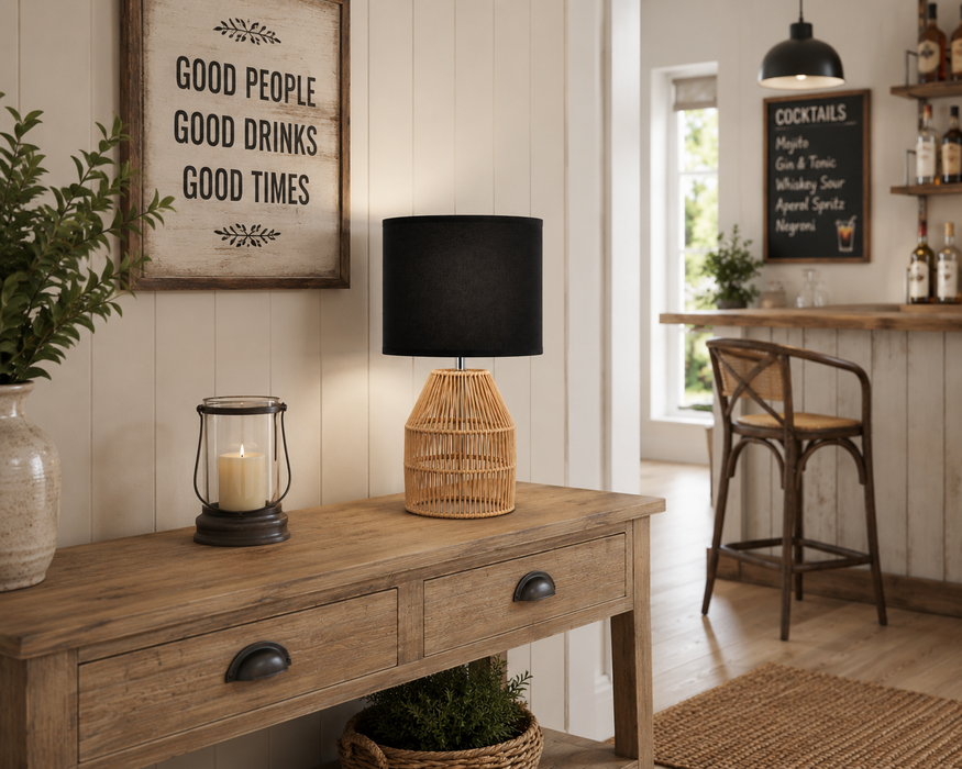 Lámpara de mesa negra 1 Luz E27 40W con base de ratán natural