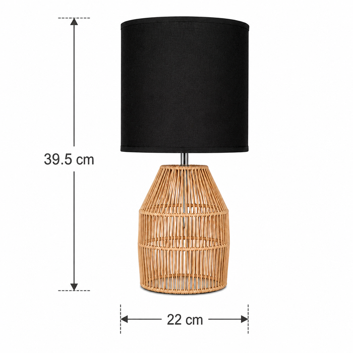 Lámpara de mesa negra 1 Luz E27 40W con base de ratán natural