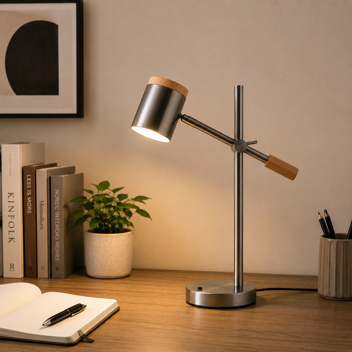Lámpara de Mesa Moderna Madera y Níquel Satinado 1L GU10 5W