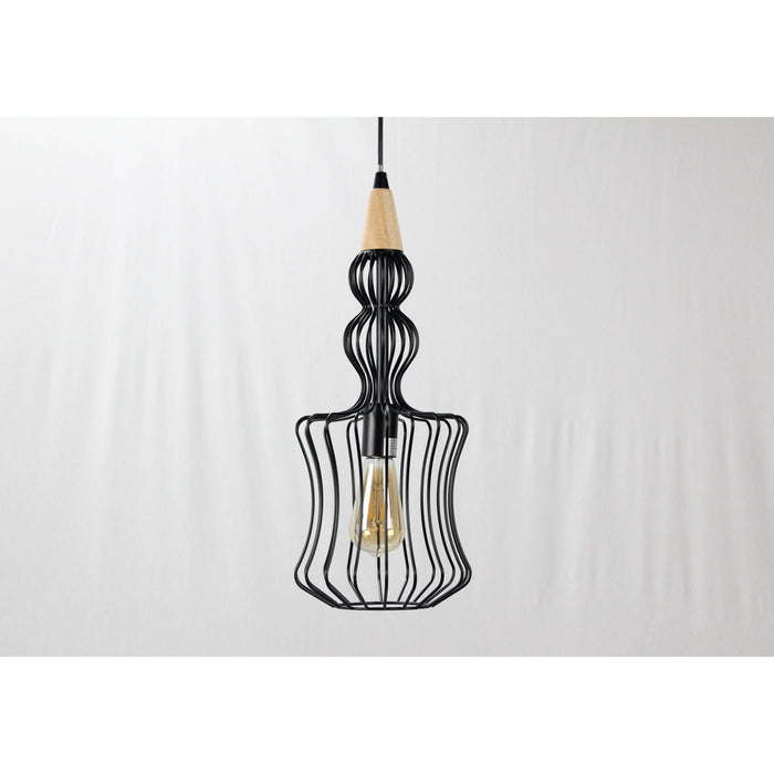 LAMP. COLGANTE NEGRO+MADERA 1L E27 60W