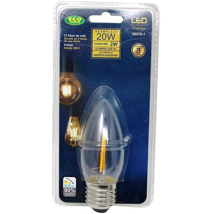 BOMBILLO LED FILAMENTO TORPEDO E27 2W 120V 2700K