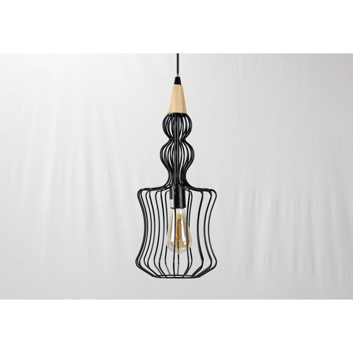 LAMP. COLGANTE NEGRO+MADERA 1L E27 60W