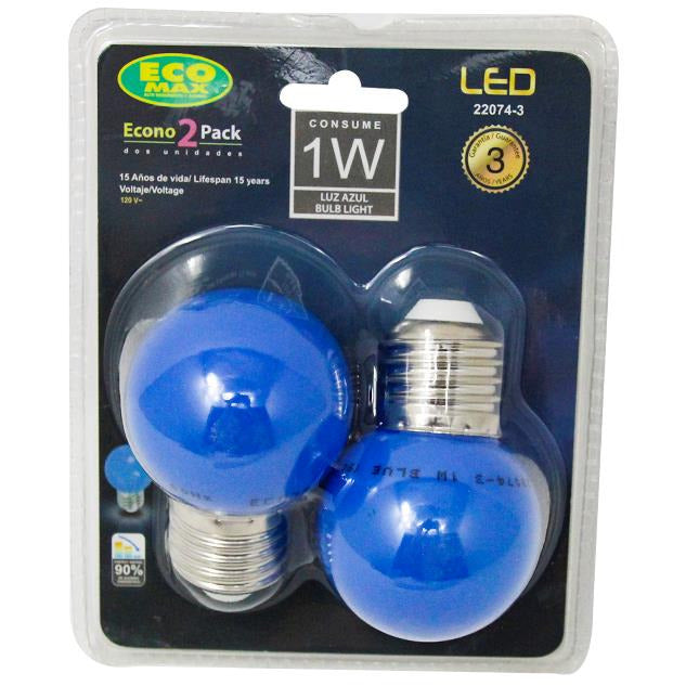 BOMBILLO LED G45 E27 1W 120V AZUL 2 PIEZAS