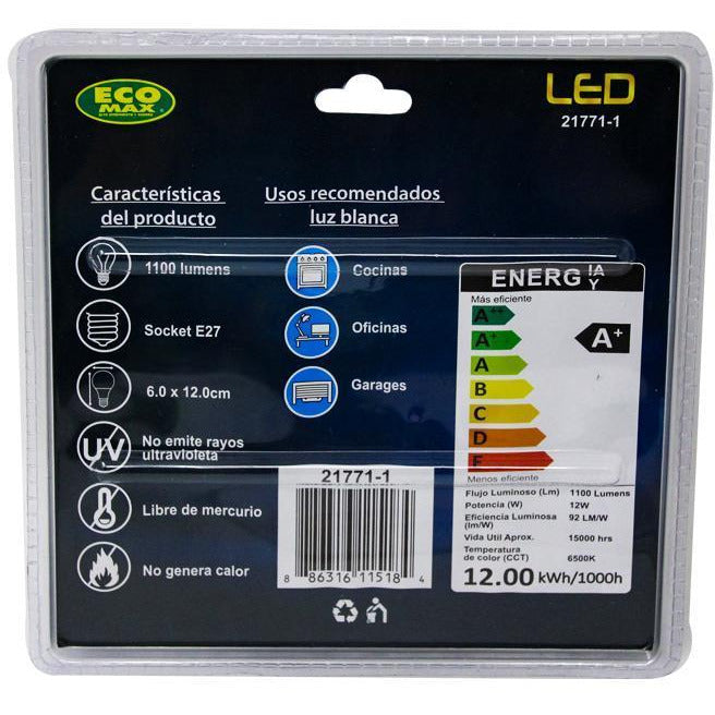 BOMBILLO LED A60 E27 12W 85-265V 6500K 2 PIEZAS