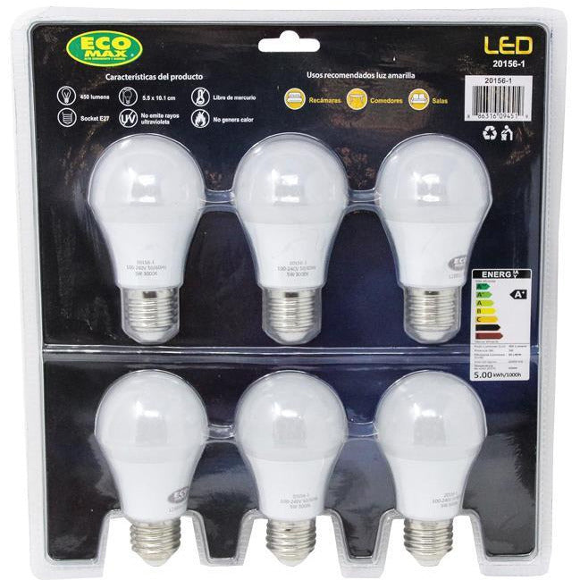 BOMBILLO LED A55 E27 5W 100-240V 3000K 6 PIEZAS