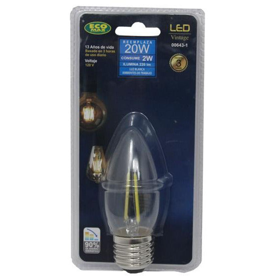 BOMBILLO LED FILAMENTO TORPEDO E27 2W 120V 6500K