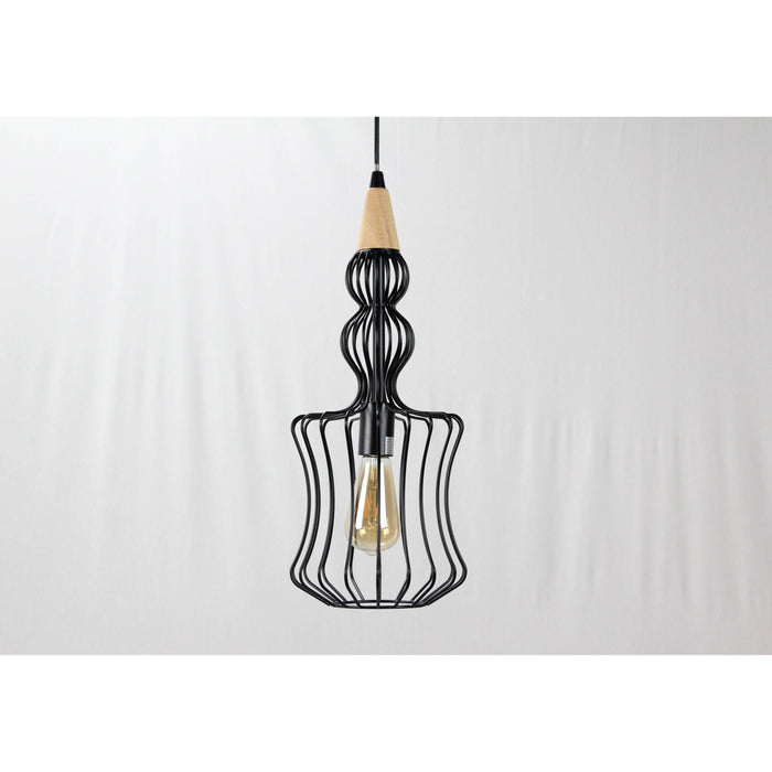 LAMP. COLGANTE NEGRO+MADERA 1L E27 60W