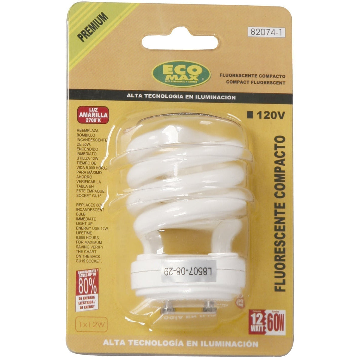 BOMBILLO CFL ESPIRAL GU15 12W 2700K