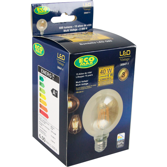 BOMBILLO LED FILAMENTO G80 E27 6W 100-240V 2400K